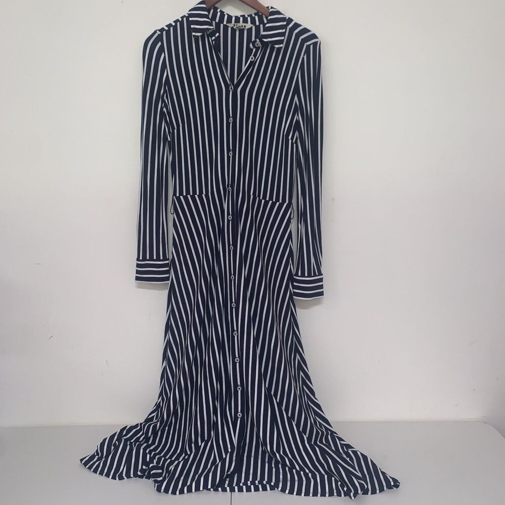 Boden Marcia Shirt Midi Dress Womens 8R Navy White Stripe Jersey Office Preppy - Picture 2 of 13